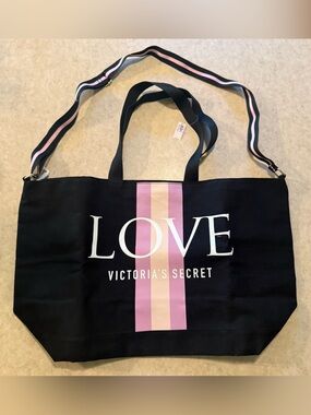 NWT Victoria's Secret Black Tote with Pink Stripes and LOVE Logo